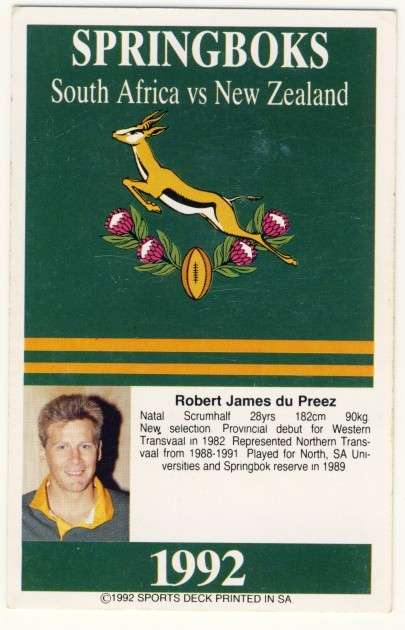 Sports Deck 1992 SA vs New Zealand, Robert du Preez, Springboks # 9, Trading Card