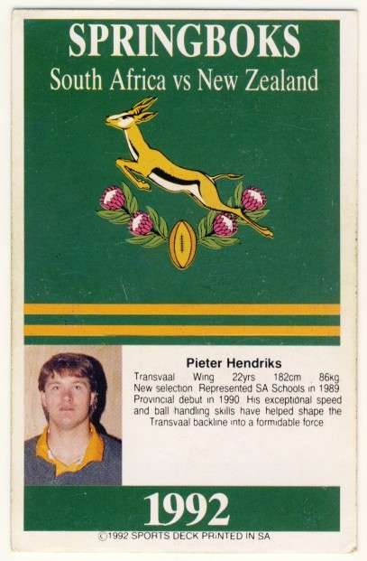 Sports Deck 1992 SA vs New Zealand, Pieter Hendriks, Springboks # 11, Trading Card