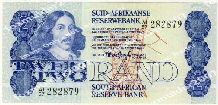 R2 , T. W de Jongh, 4th series, Two Rand note, 1978, no reserve