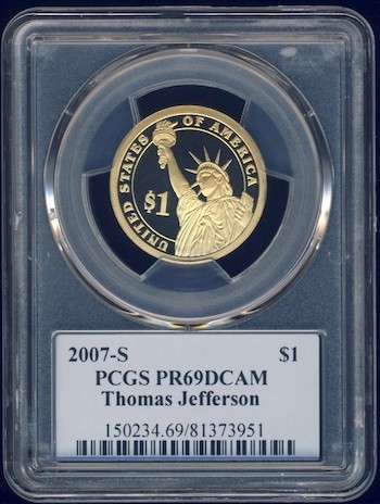 2007 PCGS Graded Proof-69 DCam, Presidential Dollar, $1, USA, America, Thomas Jefferson