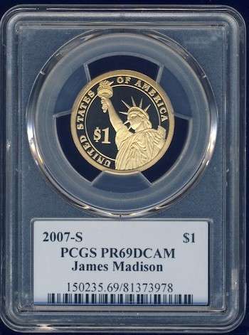 2007 PCGS Graded Proof-69 DCam, Presidential Dollar, $1, USA, America, James Madison