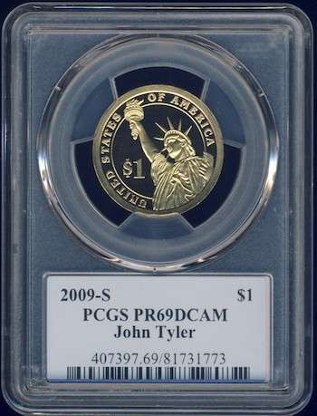2009 PCGS Graded Proof-69 DCam, Presidential Dollar, $1, USA, America, John Tyler