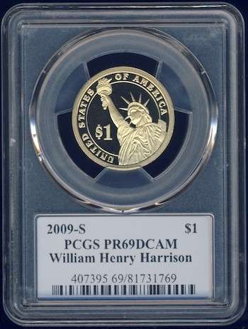 2009 PCGS Graded Proof-69 DCam, Presidential Dollar, $1, USA, America, William H Harrison