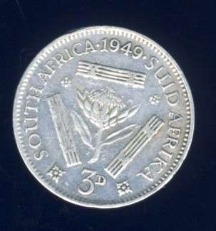 1949 Tickey coin, 3d , South Africa, Silver, George VI , No reserve