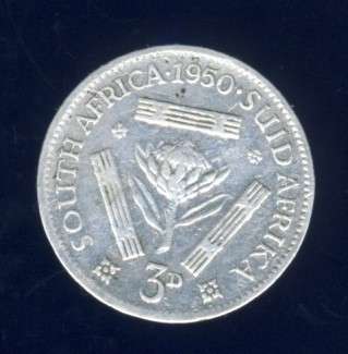 1950 Tickey coin, 3d , South Africa, Silver, George VI , No reserve