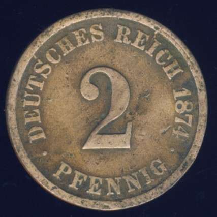 1874 A 2 Pfennig Coin, German Empire , Germany