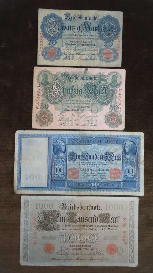 Germany - Set of 1910, 4 Notes, p-40 - 44 , 20 + 50 + 100 + 1000 Mark