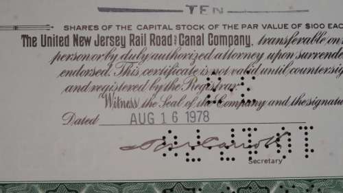 United New Jersey Rail Road and Canal Company, Stock Certificate, 1978, 10 Shares
