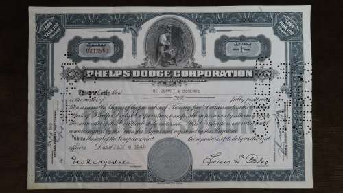 Phelps Didge Corporation, Stock Certificate, 1949, 1 Share