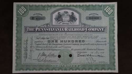 Pennsylvania Railroad Company, Stock Certificate, 1952, 100 Shares with Duty Stamps