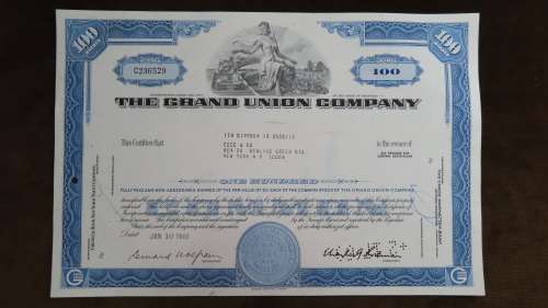 Grand Union Company, Stock Certificate, 1969, 100 Shares