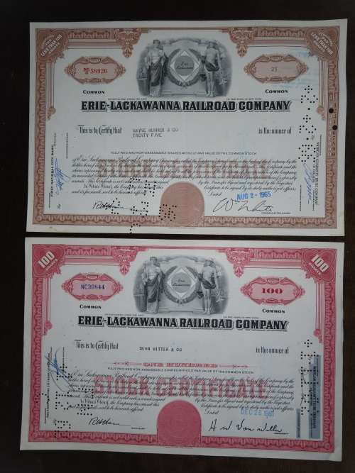 2 x Erie Lackawanna Railroad Company, Stock Certificates, 1961 + 1965
