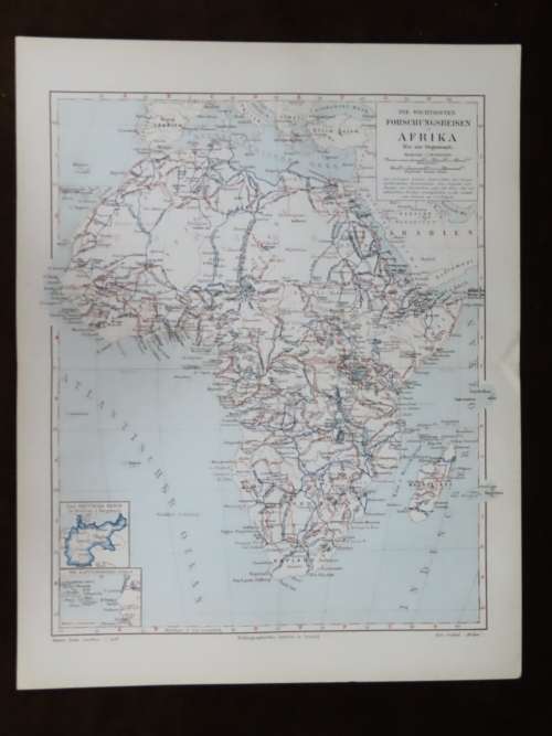 1905 Map of Africa, Excellent condition, Original German Mayer Map Showing Expeditions