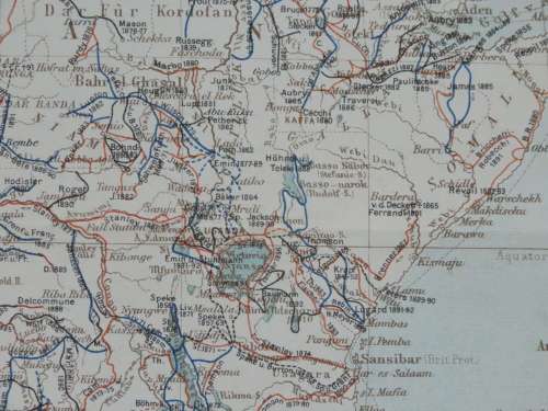 1905 Map of Africa, Excellent condition, Original German Mayer Map Showing Expeditions
