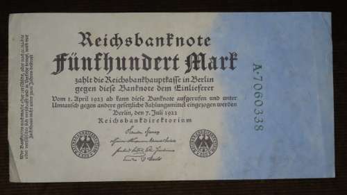 Germany - 500 Mark, 1922 , p74b , Green 7 Digit Serial Number