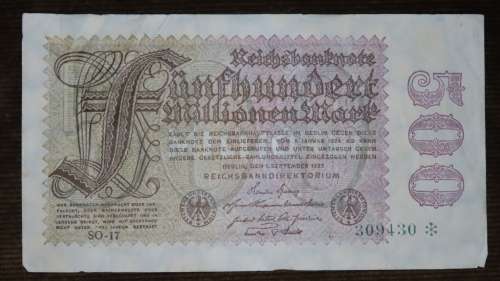 Germany - 500 Million Mark, 1923 , p110f , S in Stars Watermark