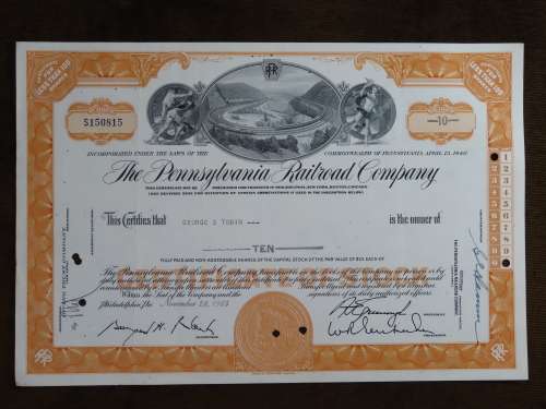 Pennsylvania Railroad Company, Stock Certificate, 1964, 10 Shares