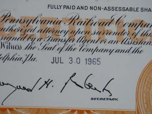 Pennsylvania Railroad Company, Stock Certificate, 1965, 25 Shares