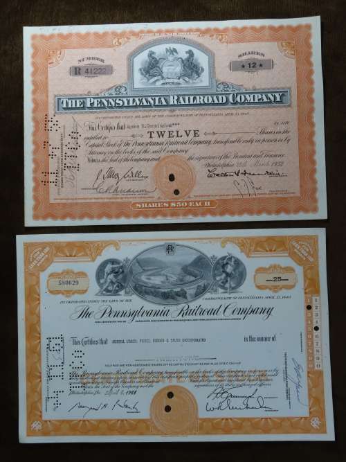 Set of Two Pennsylvania Railroad Company, Stock Certificates, 1952 to 1961