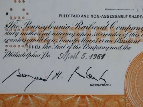 Set of Two Pennsylvania Railroad Company, Stock Certificates, 1952 to 1961