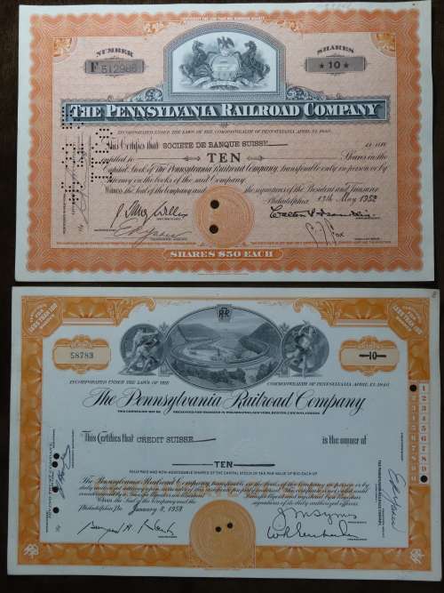 Set of Two Pennsylvania Railroad Company, Stock Certificates, 1952 to 1958