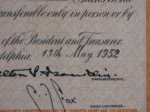 Set of Two Pennsylvania Railroad Company, Stock Certificates, 1952 to 1958