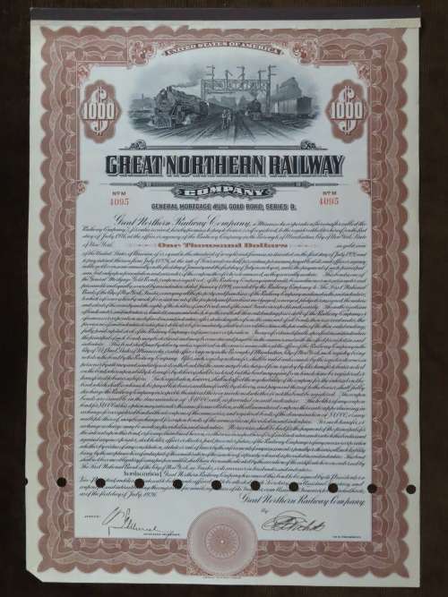 1926 Great Northern Railway Company, $1000 Gold Bond Certificate 4095