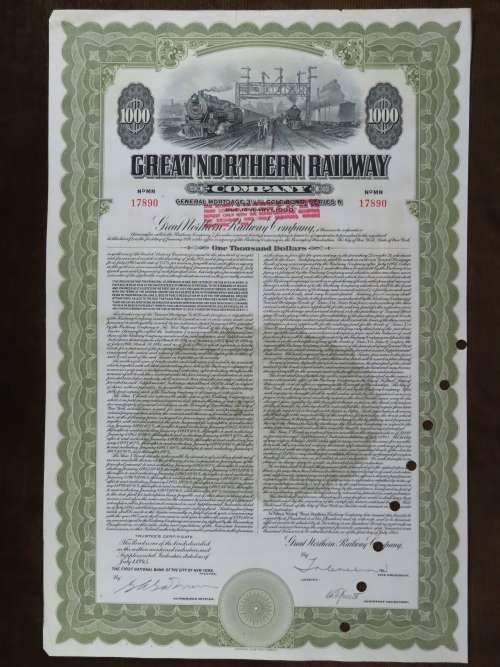 1945 Great Northern Railway Company, $1000 Gold Bond Certificate 17890
