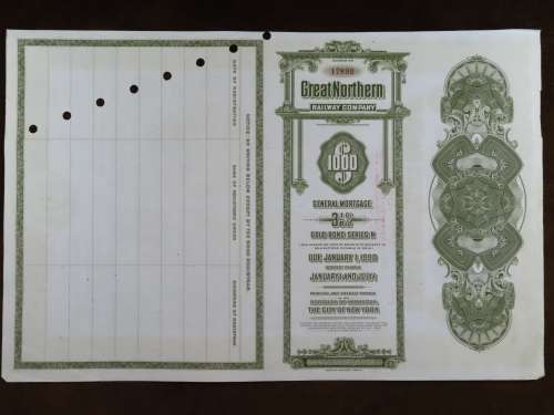 1945 Great Northern Railway Company, $1000 Gold Bond Certificate 17890