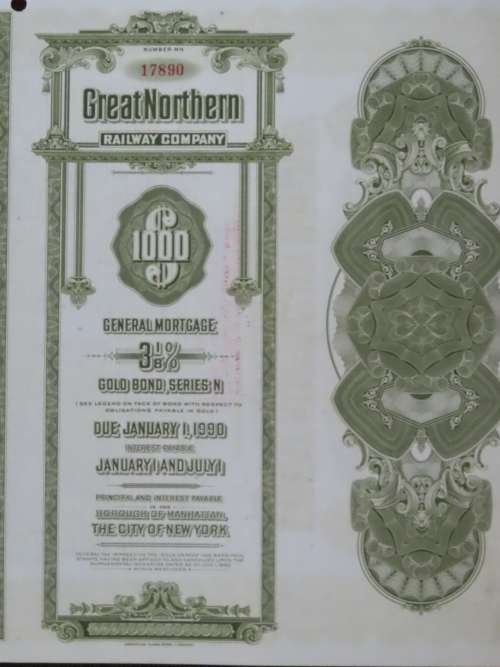 1945 Great Northern Railway Company, $1000 Gold Bond Certificate 17890