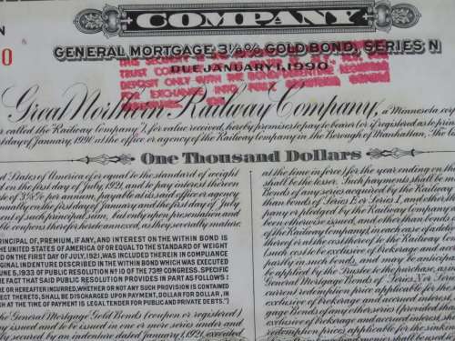 1945 Great Northern Railway Company, $1000 Gold Bond Certificate 17890