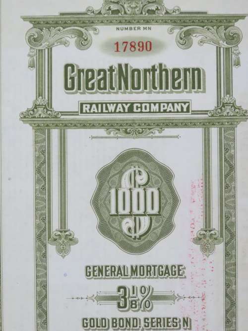 1945 Great Northern Railway Company, $1000 Gold Bond Certificate 17890