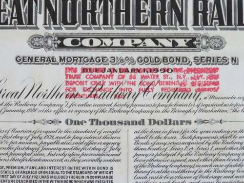 1945 Great Northern Railway Company, $1000 Gold Bond Certificate 23605