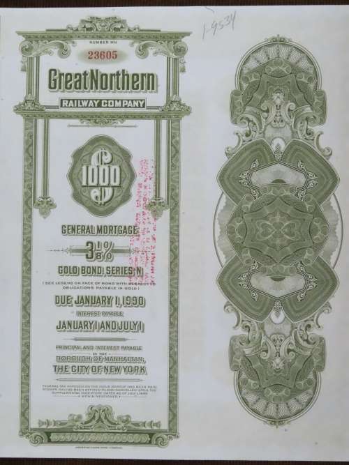 1945 Great Northern Railway Company, $1000 Gold Bond Certificate 23605