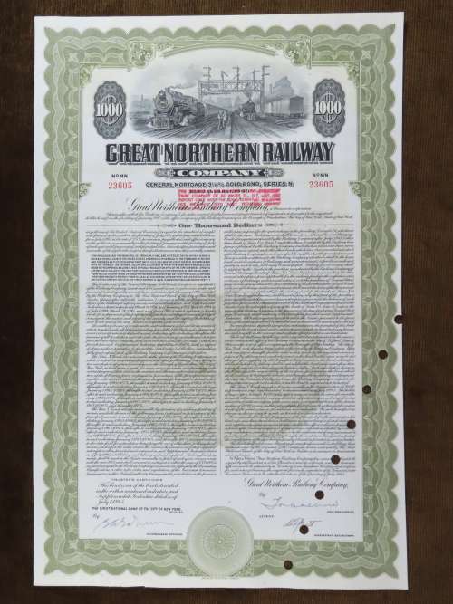 1945 Great Northern Railway Company, $1000 Gold Bond Certificate 23605