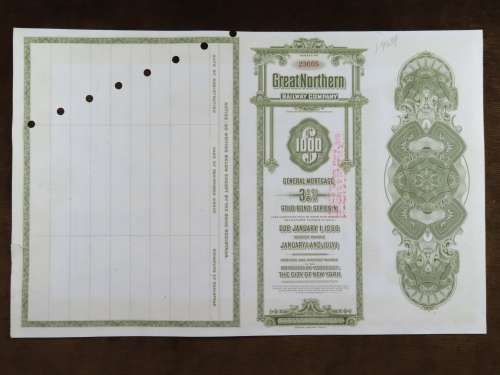 1945 Great Northern Railway Company, $1000 Gold Bond Certificate 23605