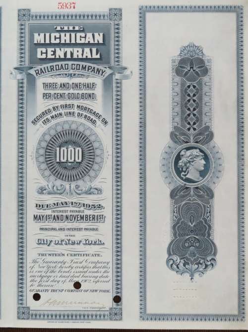 1902 The Michigan Central Railroad Company, $1000 Gold Bond Certificate 5937