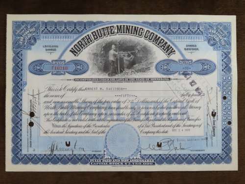 1929 North Butte Mining Company, Stock Certificate, 50 Shares , F10210