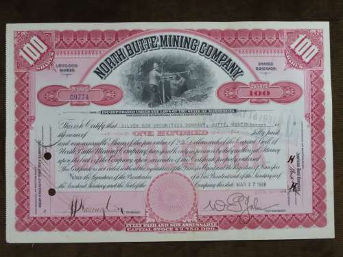 1929 North Butte Mining Company, Stock Certificate, 100 Shares , C9774