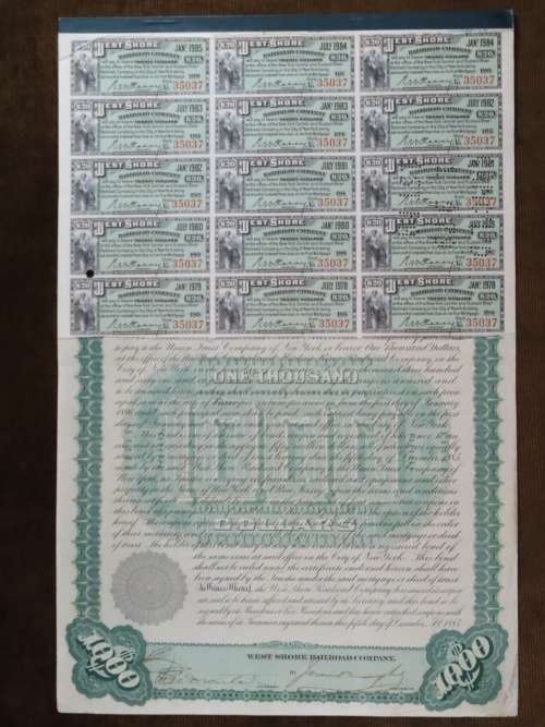 1885 West Shore Railroad Company, $1000 Bond Certificate With  Coupons 35037