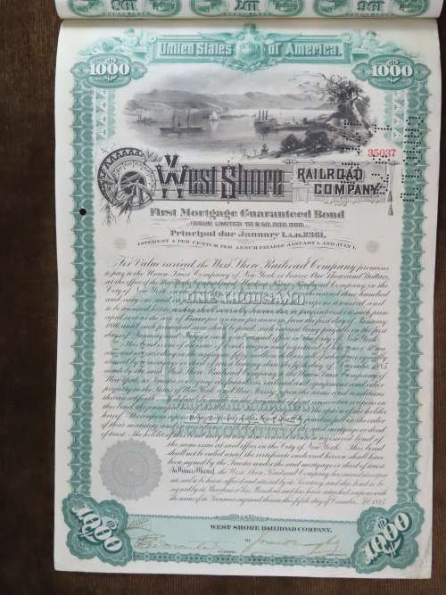 1885 West Shore Railroad Company, $1000 Bond Certificate With  Coupons 35037