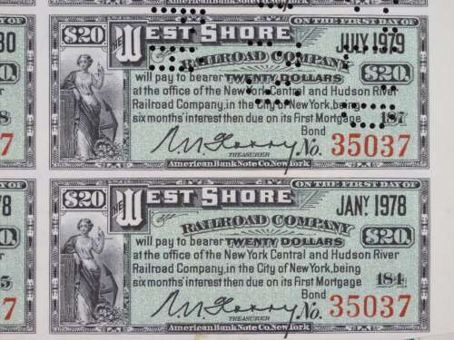 1885 West Shore Railroad Company, $1000 Bond Certificate With  Coupons 35037
