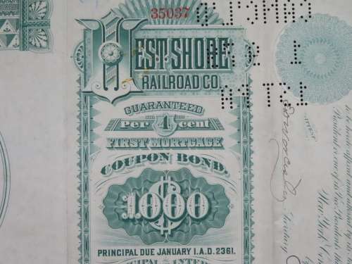 1885 West Shore Railroad Company, $1000 Bond Certificate With  Coupons 35037