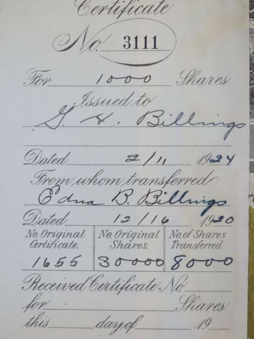 1924 WEstern Union Mining Company, Stock Certificate, 1000 Shares , 3111