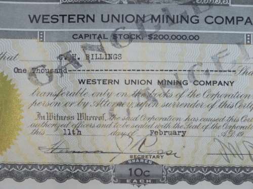 1924 WEstern Union Mining Company, Stock Certificate, 1000 Shares , 3111