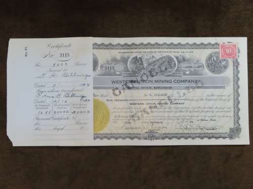 1924 Western Union Mining Company, Stock Certificate, 5000 Shares , 3115