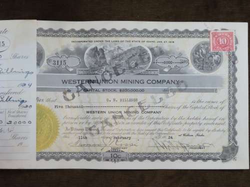 1924 Western Union Mining Company, Stock Certificate, 5000 Shares , 3115