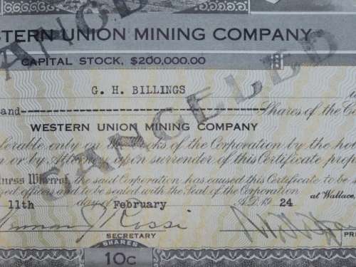1924 Western Union Mining Company, Stock Certificate, 5000 Shares , 3115