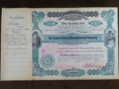 1901 Plume And Atwood Manufacturing Company, Stock Certificate, 100 Shares , 219