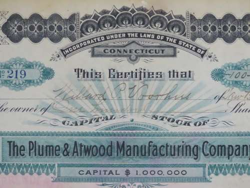 1901 Plume And Atwood Manufacturing Company, Stock Certificate, 100 Shares , 219